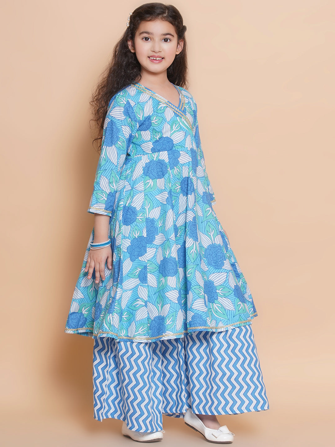 Bitiya by Bhama Girls Blue Floral  Printed Angrakha Kurta with Sharara