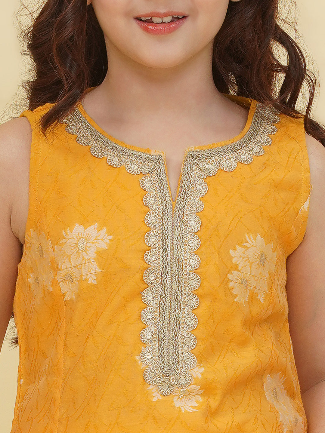 Bitiya by Bhama Girls Yellow Self design Kurta With Sharara