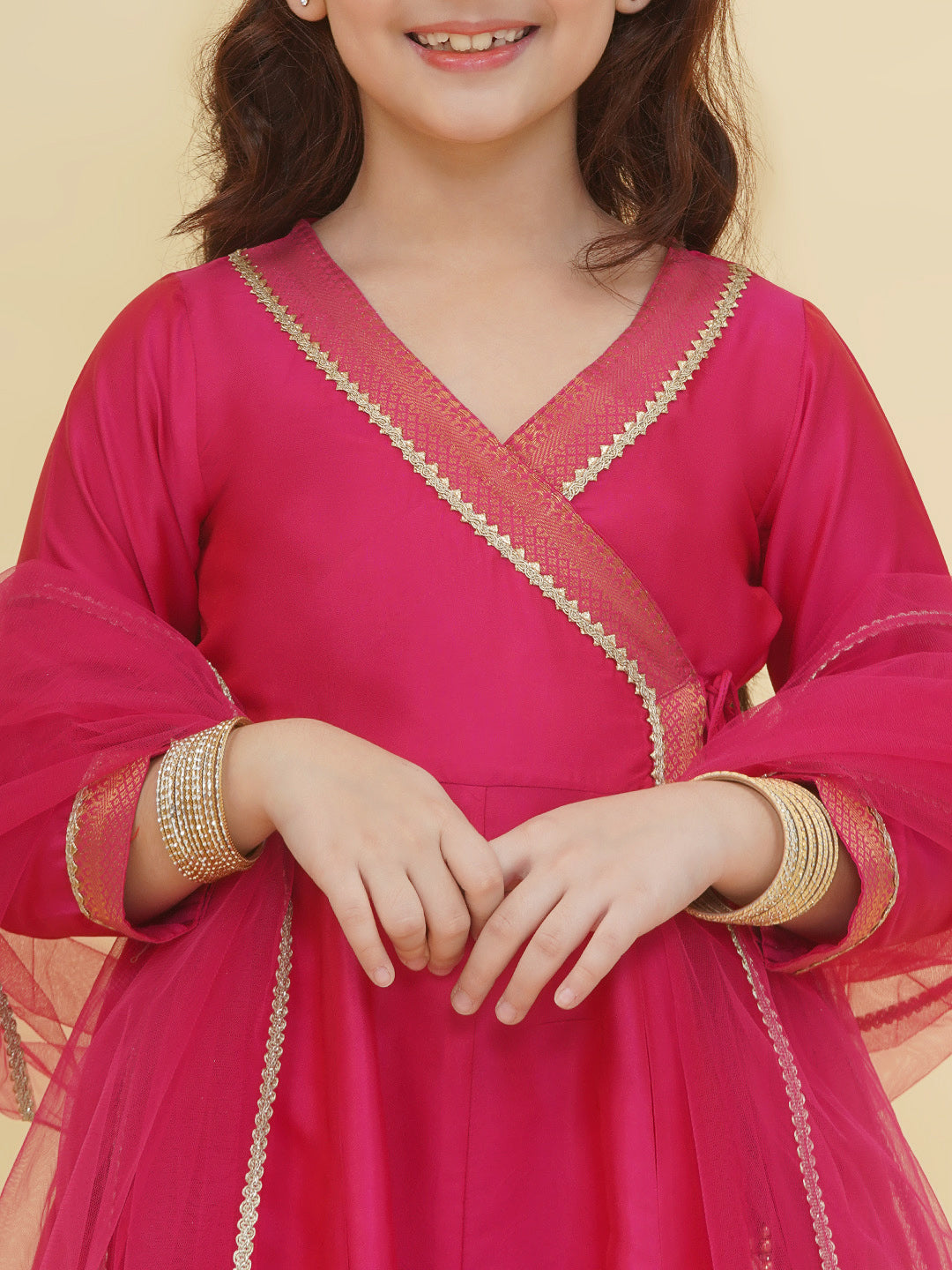 Bitiya by Bhama Girls Pink Angrakha Kurta with Trousers with Dupatta