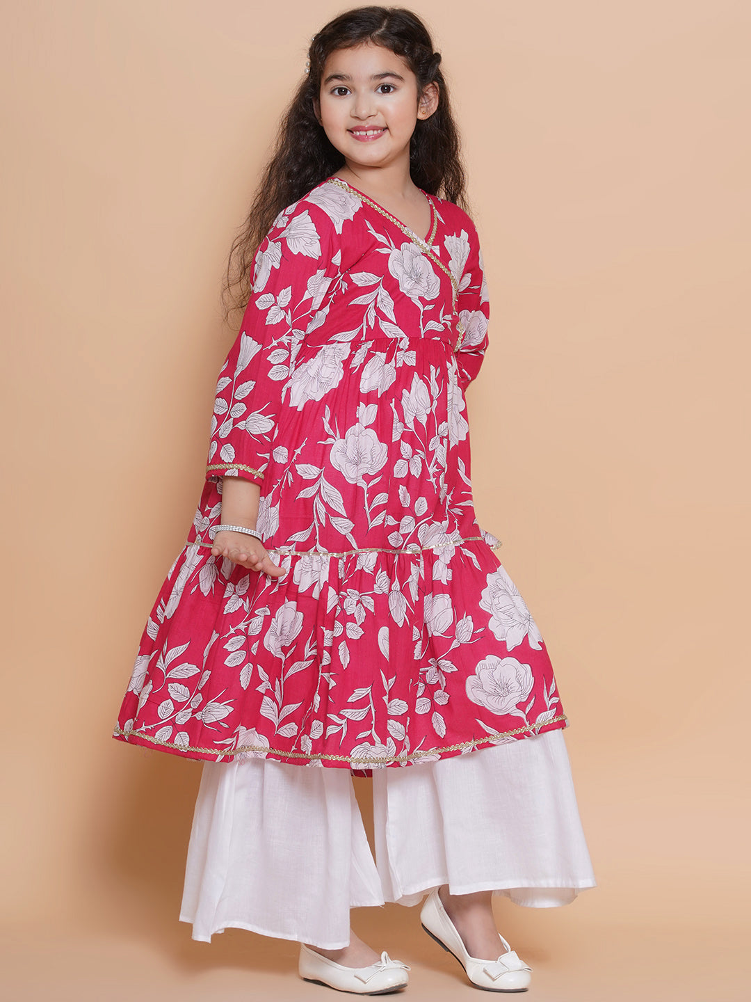 Bitiya by Bhama Girls Pink Floral  Printed Angrakha Kurta with Sharara