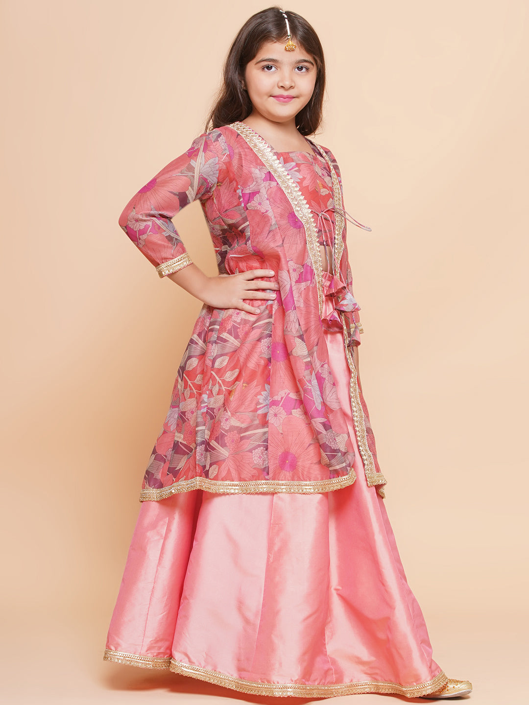 Bitiya by Bhama Girls Peach Floral Printed Shrug & Blouse With Ready to Wear Lehenga.