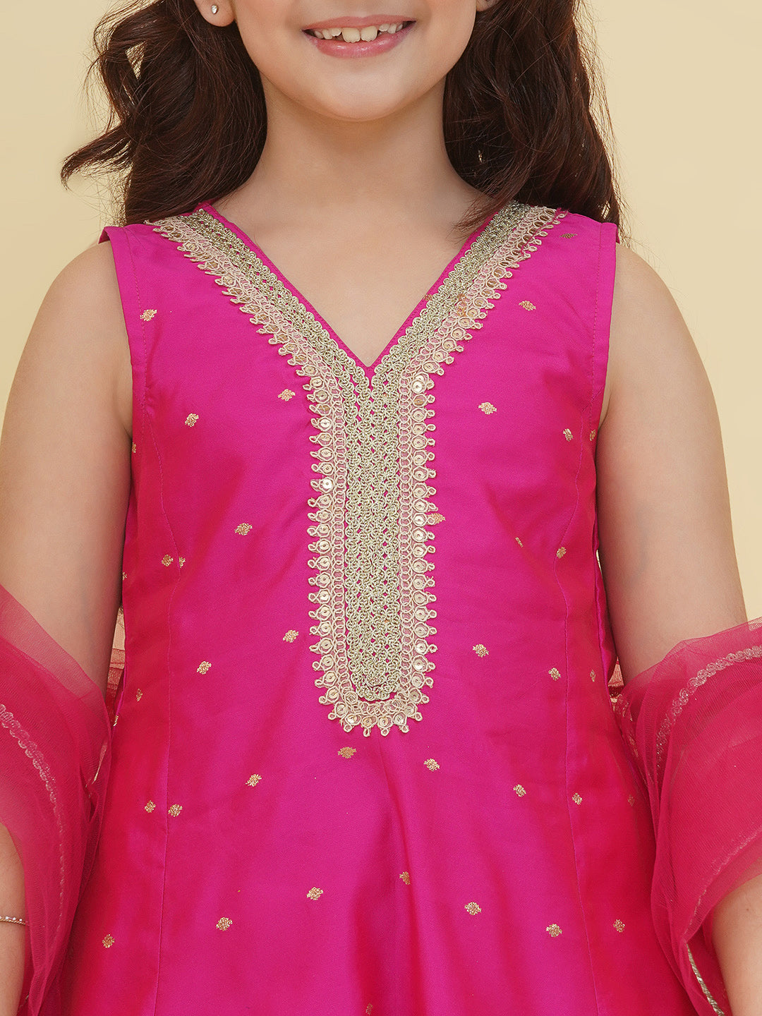 Bitiya by Bhama Girls Pink Self design Kurta with Afgani Salwar With Dupatta