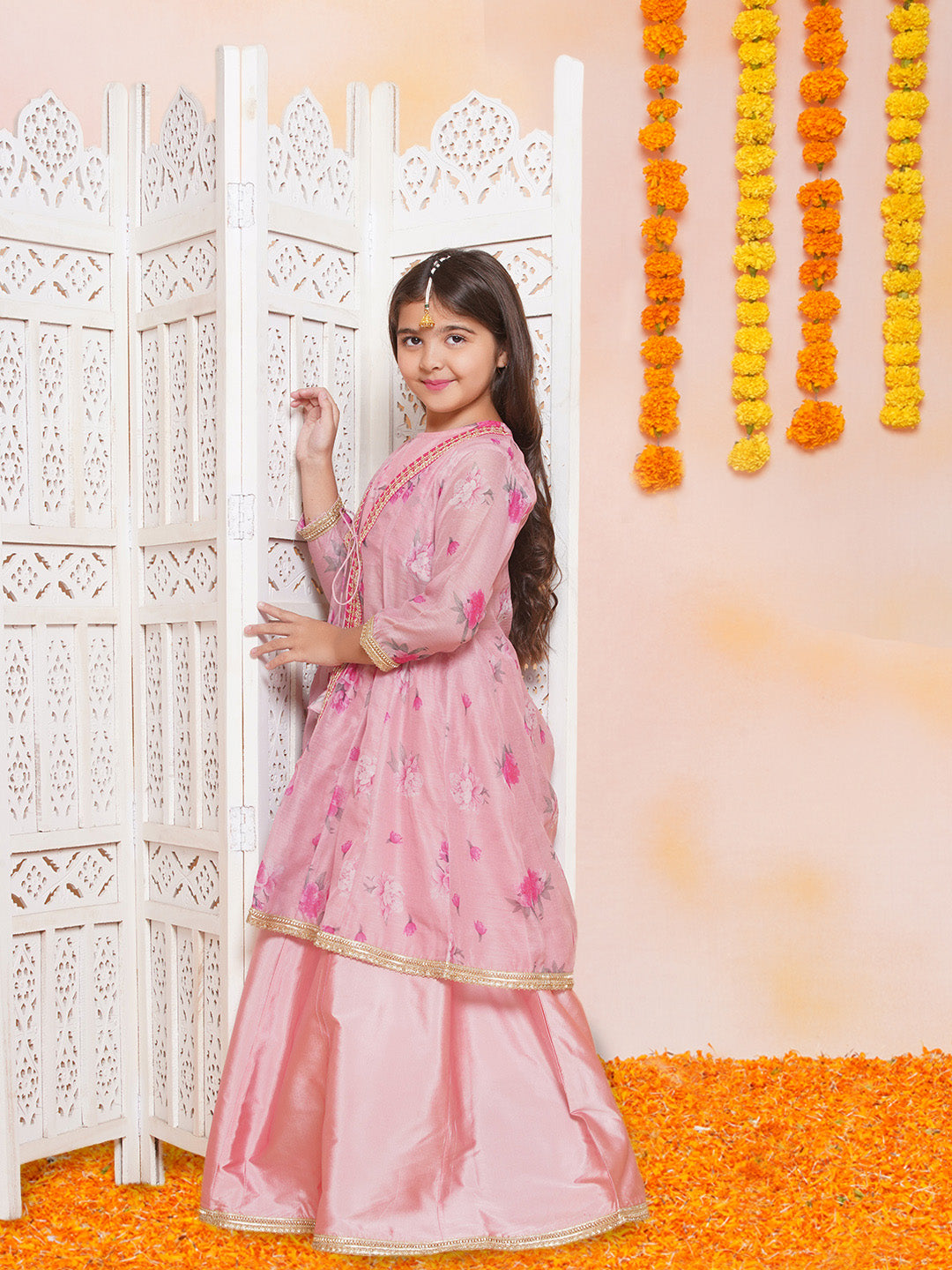 Bitiya by Bhama Girls Pink Floral Printed Shrug & Ready to Wear Lehenga With Blouse.