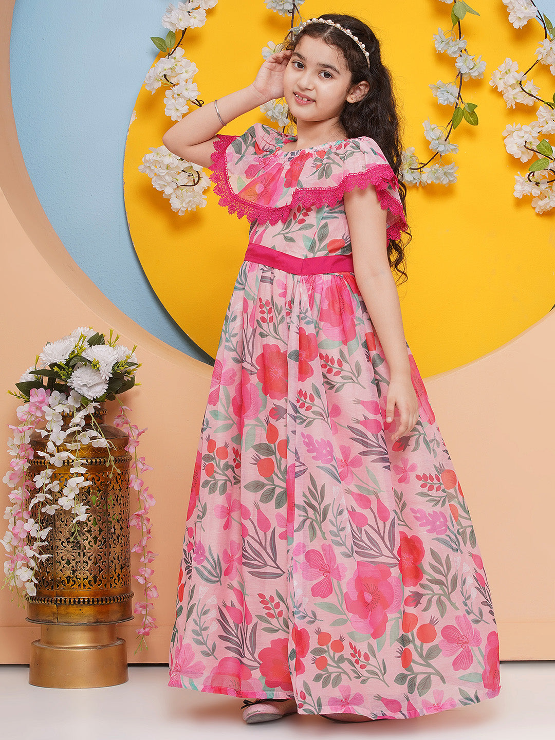 Bitiya by Bhama Girls Pink Floral Maxi Dress.