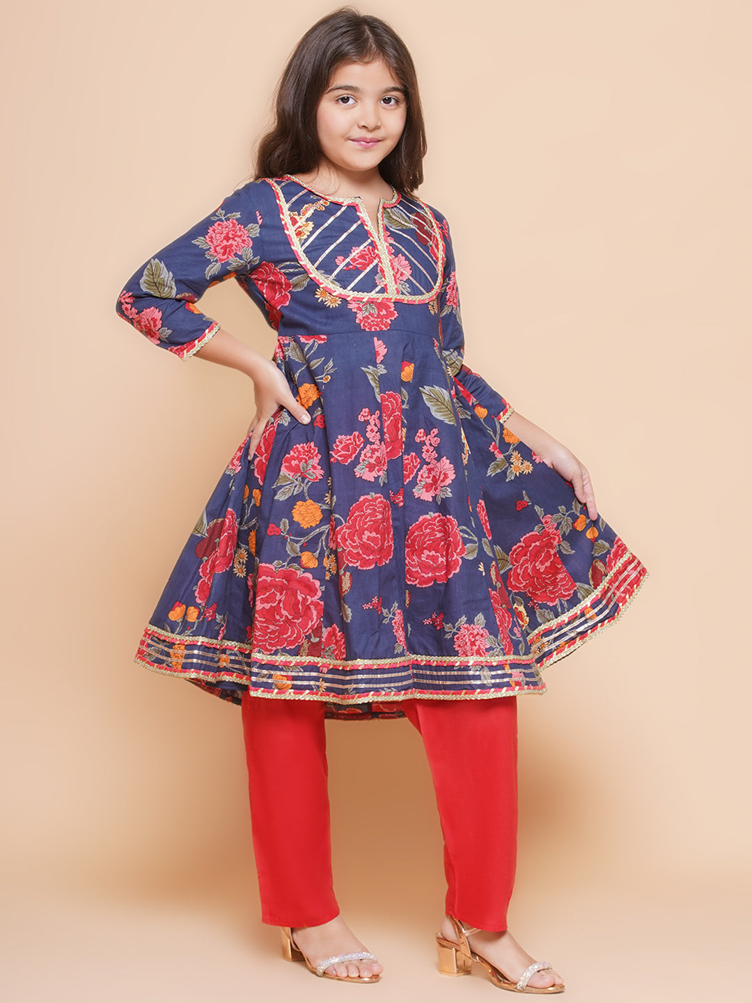 Bitiya by Bhama Girls Navy Blue Red Printed Anarkali Kurta &  Palazzos.