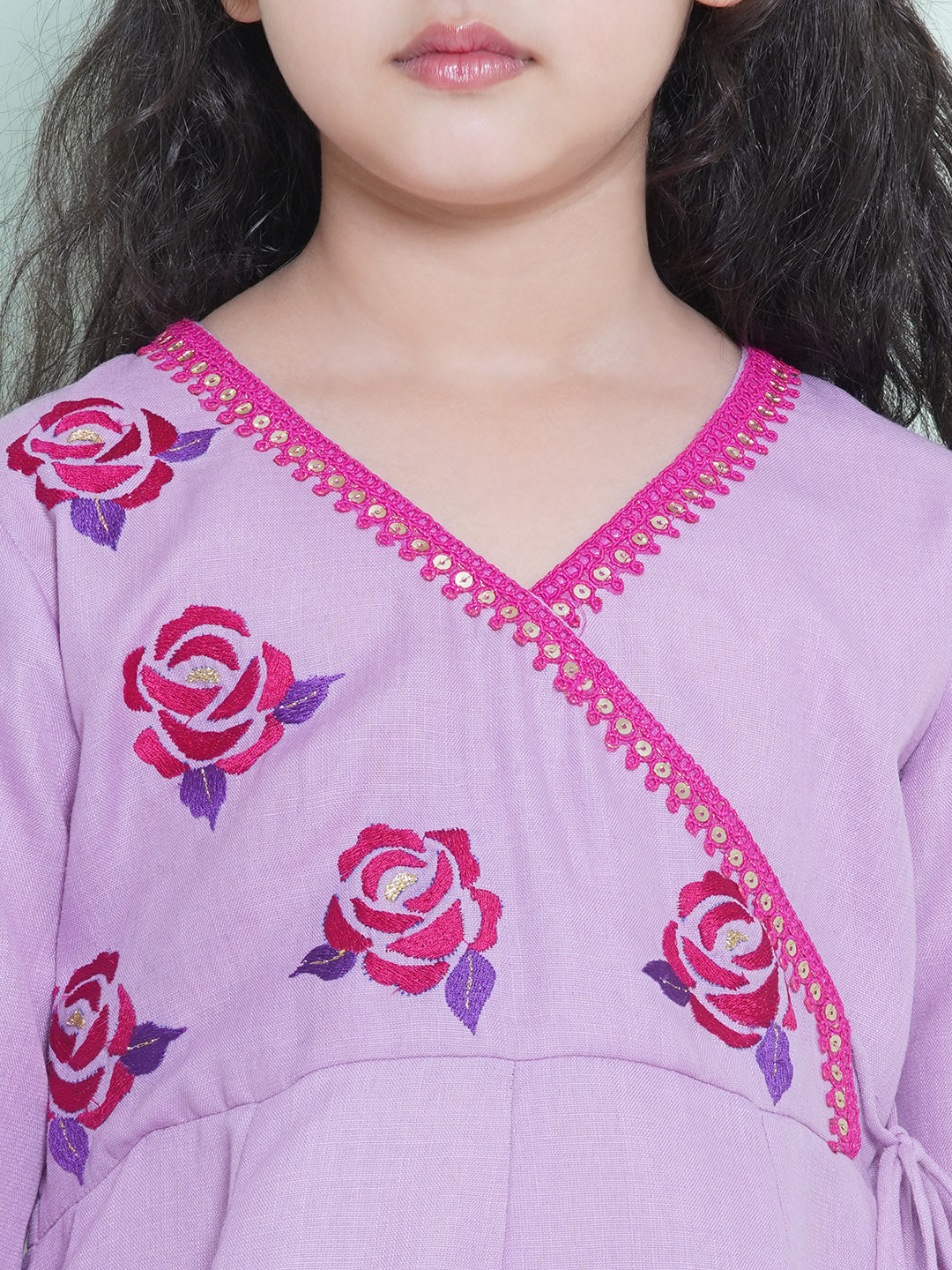 Bitiya by Bhama Girls Purple Embroidered Angrakha Kurta with Trousers