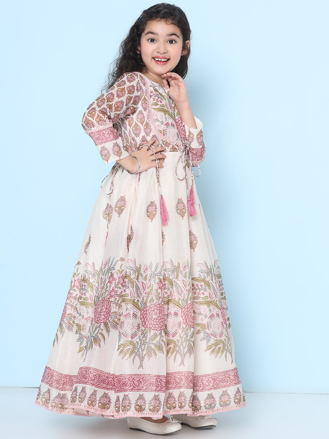 Bitiya by Bhama Girls Off white & Pink Floral Maxi Dress