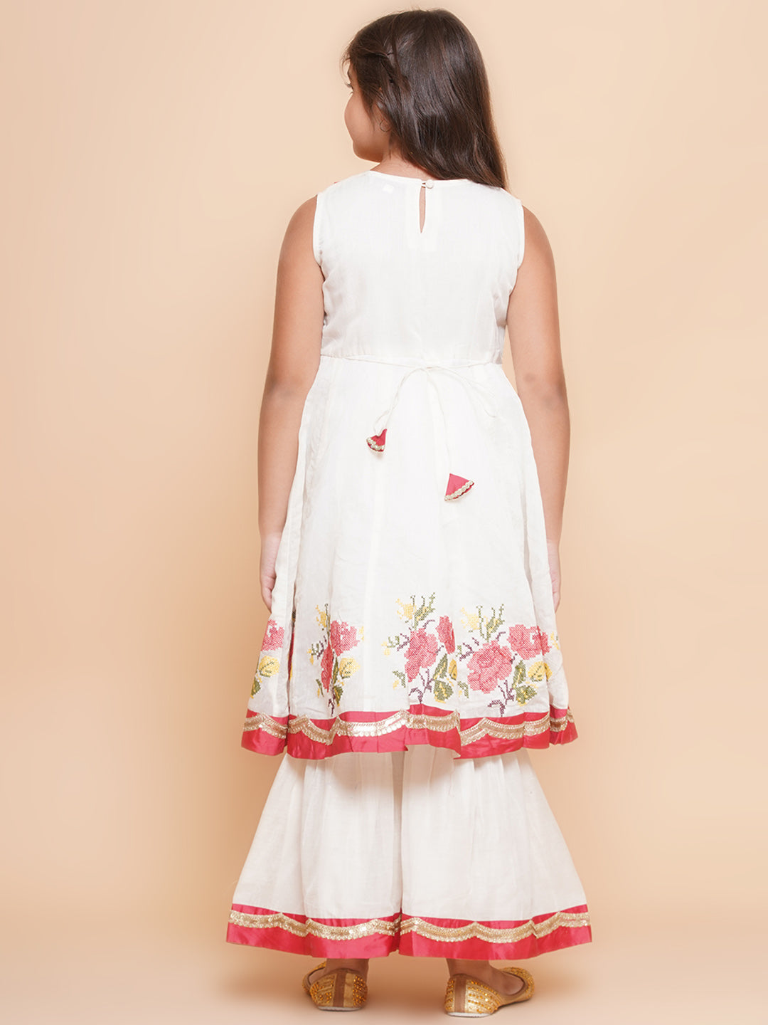 Bitiya by Bhama Girls off white Anarkali Embroidered Kurta with Sharara.