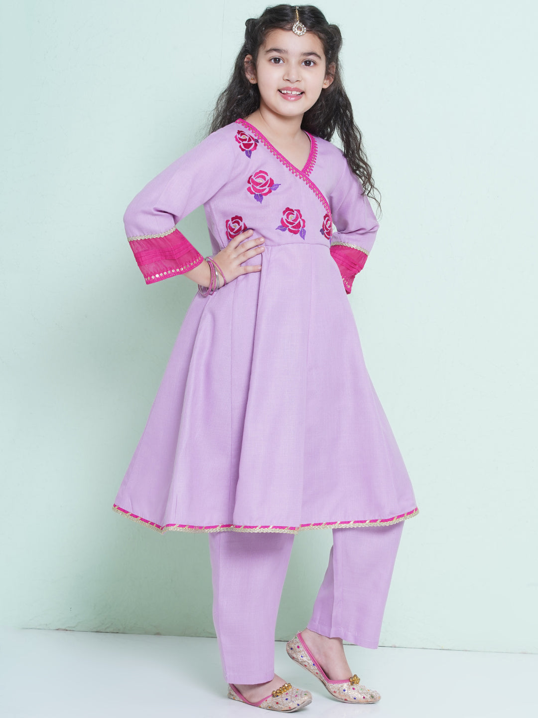 Bitiya by Bhama Girls Purple Embroidered Angrakha Kurta with Trousers