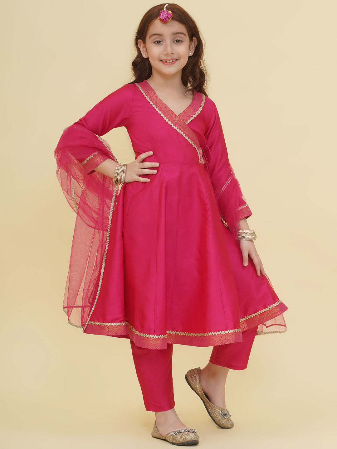 Bitiya by Bhama Girls Pink Angrakha Kurta with Trousers with Dupatta