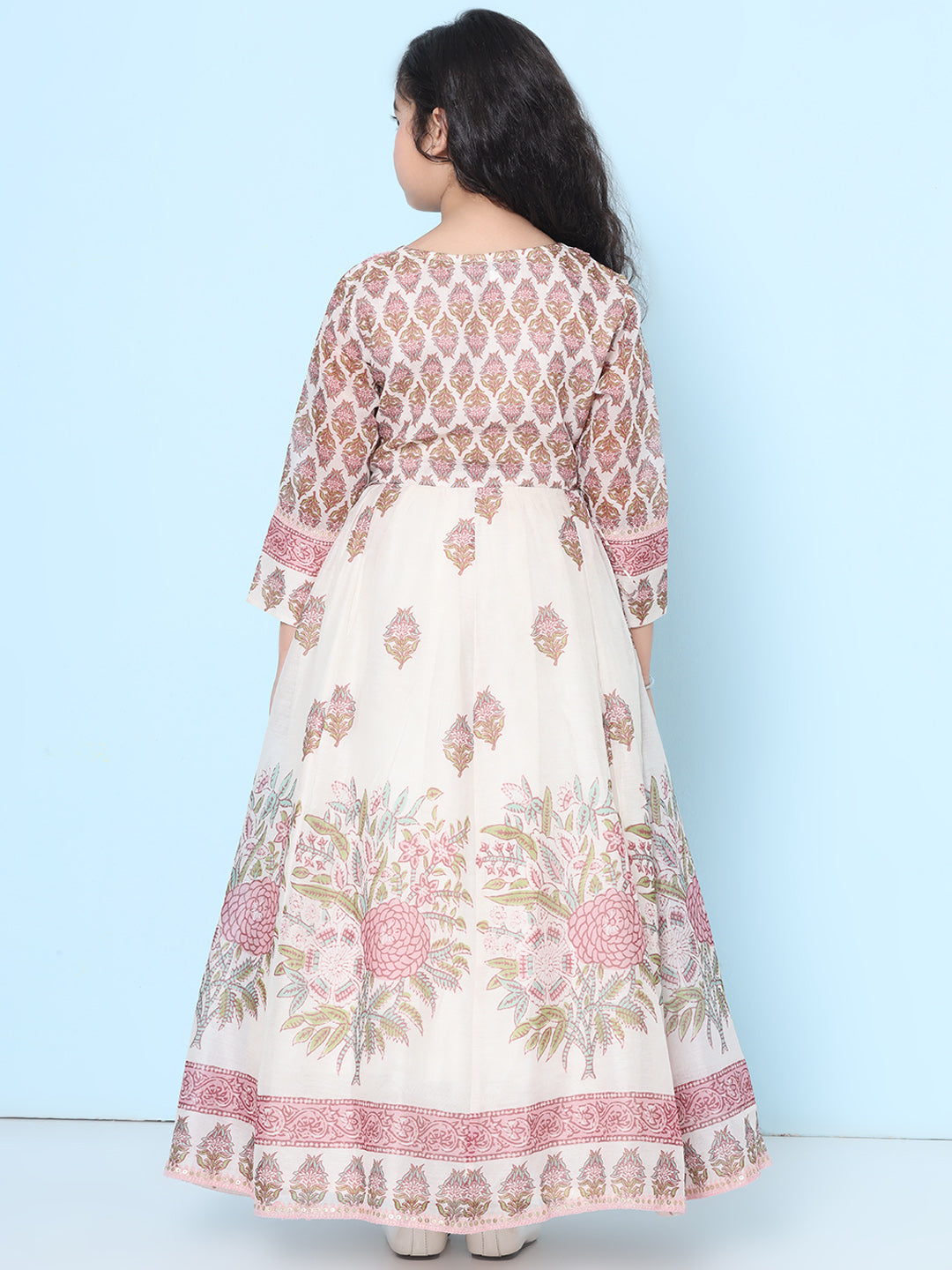 Bitiya by Bhama Girls Off white & Pink Floral Maxi Dress