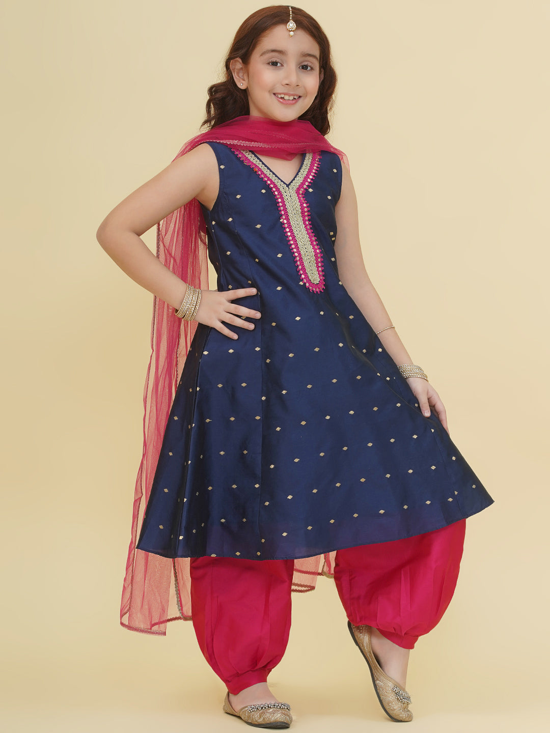 Bitiya by Bhama Girls Blue Self Design Kurta with Afgani Salwar with Dupatta.