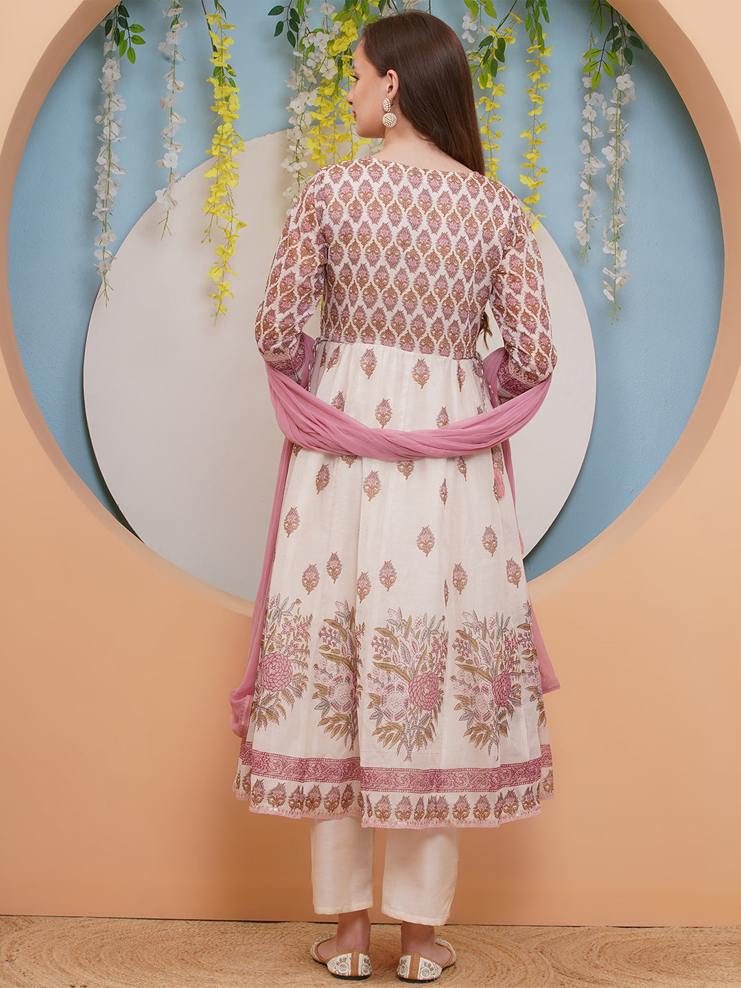 Bhama CoutureOff white  Pink Floral Digital Printed Anarkali Flared Kurta with Palazzos Dupatta.