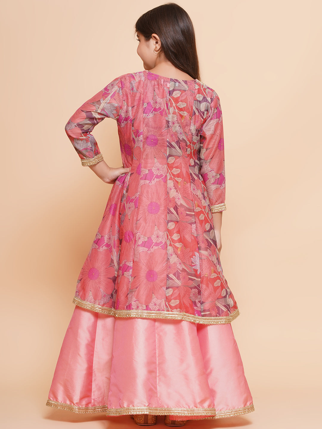 Bitiya by Bhama Girls Peach Floral Printed Shrug & Blouse With Ready to Wear Lehenga.