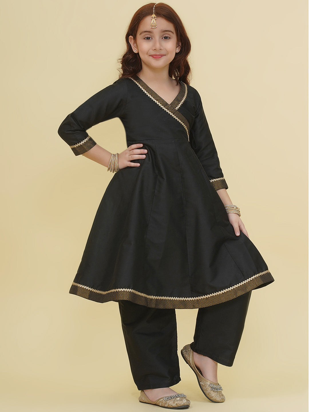 Bitiya by Bhama Girls Black Angrakha Kurta with Trousers