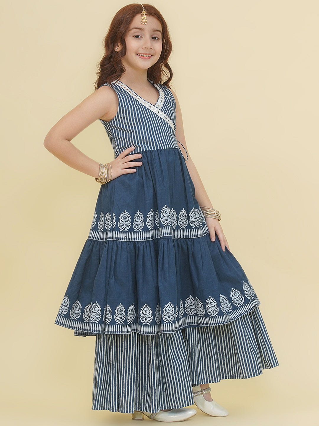 Bitiya by Bhama Girls Blue Geometrical  Printed Angrakha Kurta with Sharara