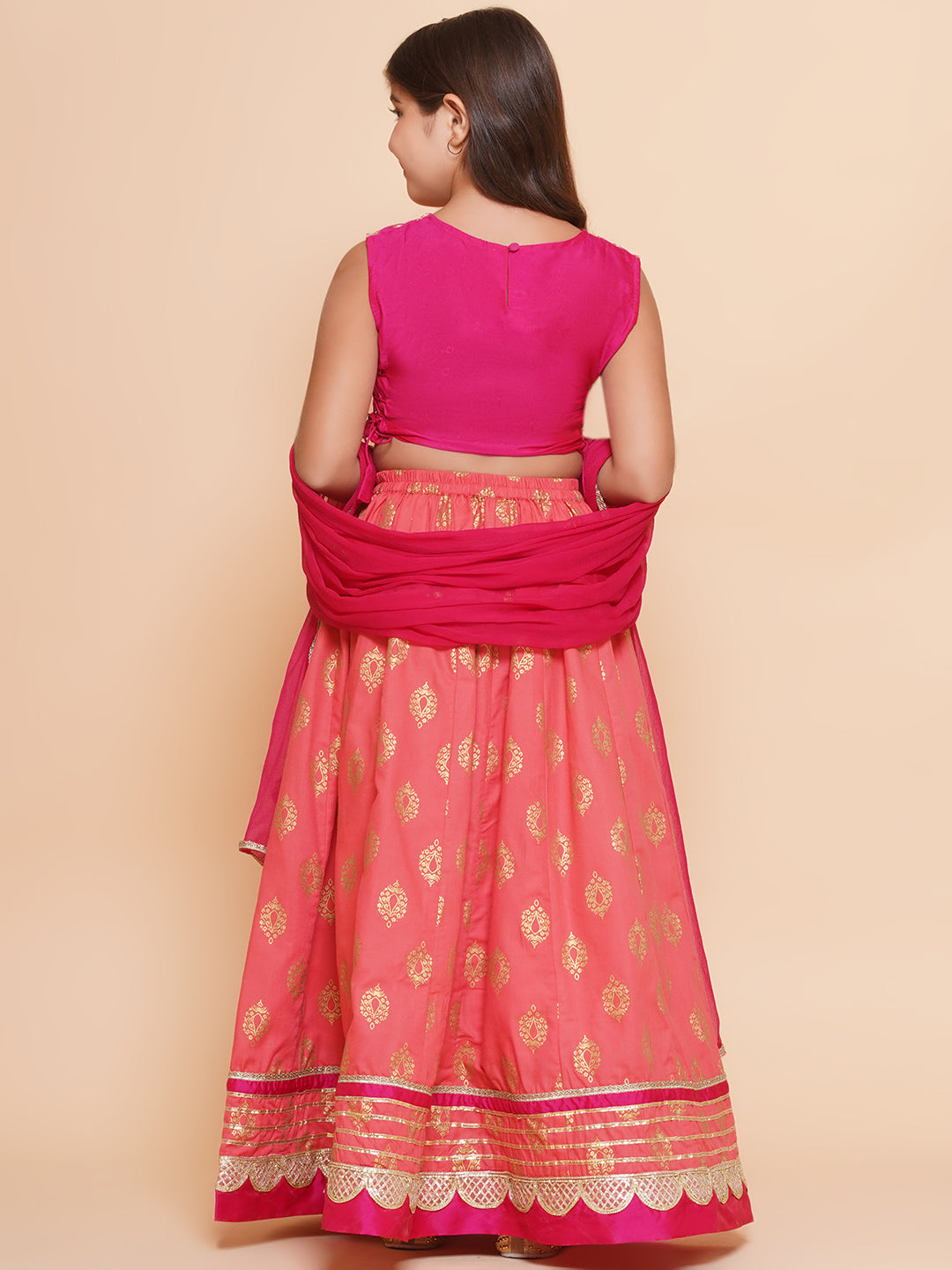 Bitiya by Bhama Girls Pink Embroidered Choli & Peach Golden print Ready to Wear Lehenga With Dupatta