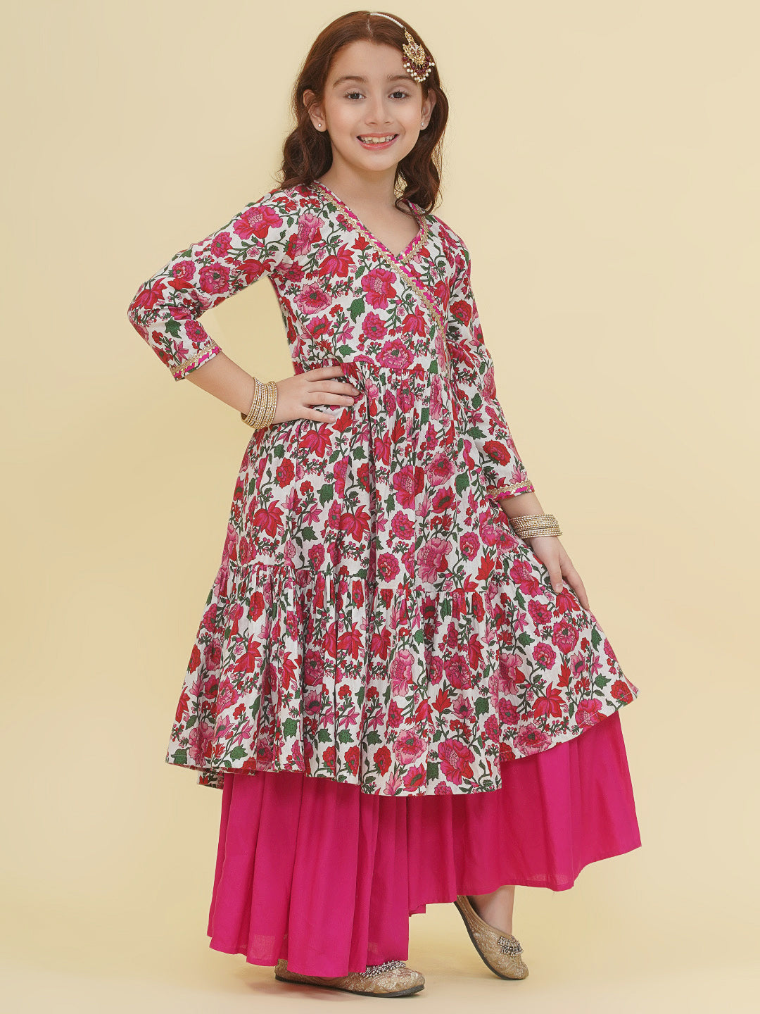 Bitiya by Bhama Girls Off-White Floral Printed Angrakha Kurta with Sharara