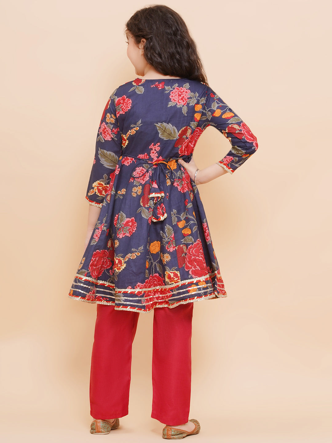 Bitiya by Bhama Girls Navy Blue Red Printed Anarkali Kurta &  Palazzos.