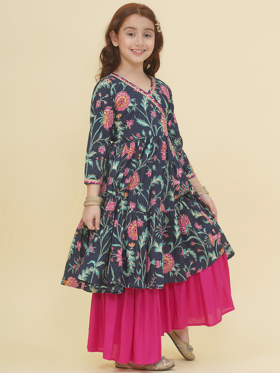 Bitiya by Bhama Girls Blue Pink Floral Printed Angrakha Kurta with Sharara