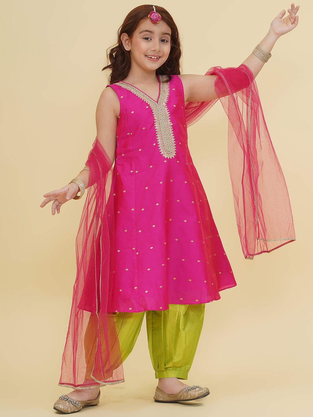 Bitiya by Bhama Girls Pink Self design Kurta with Afgani Salwar With Dupatta