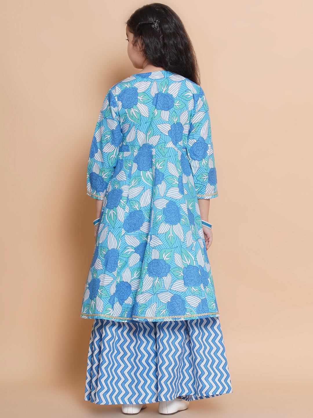 Bitiya by Bhama Girls Blue Floral  Printed Angrakha Kurta with Sharara