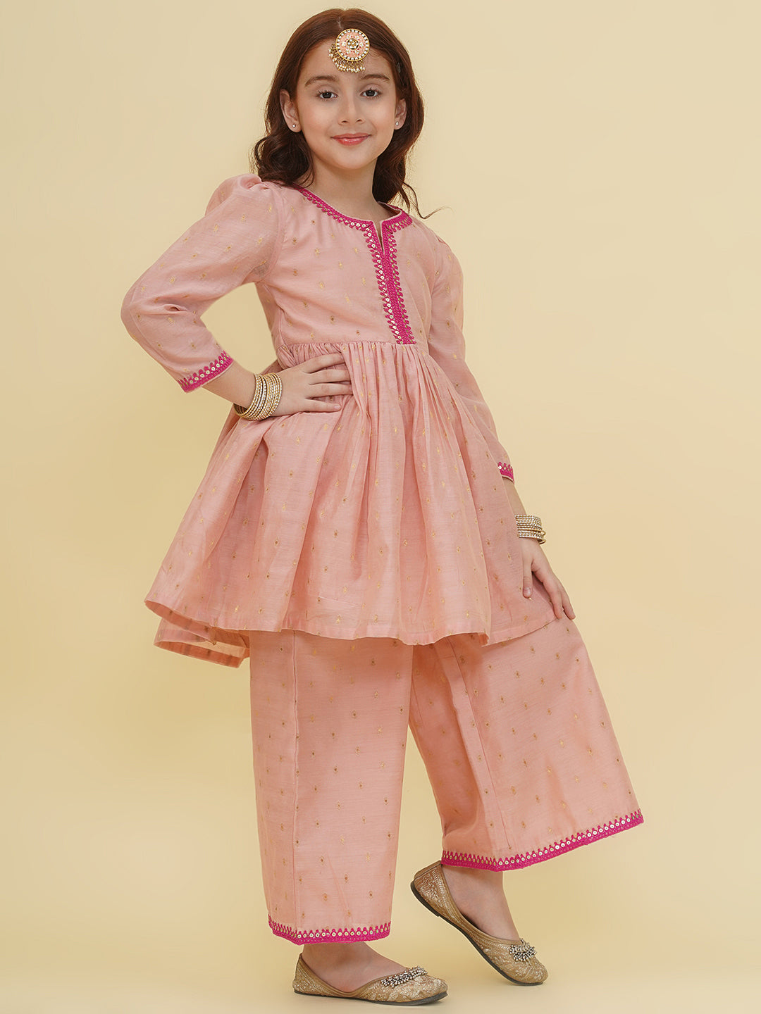 Bitiya by Bhama Girls Pink Self design  Kurta with palazzo