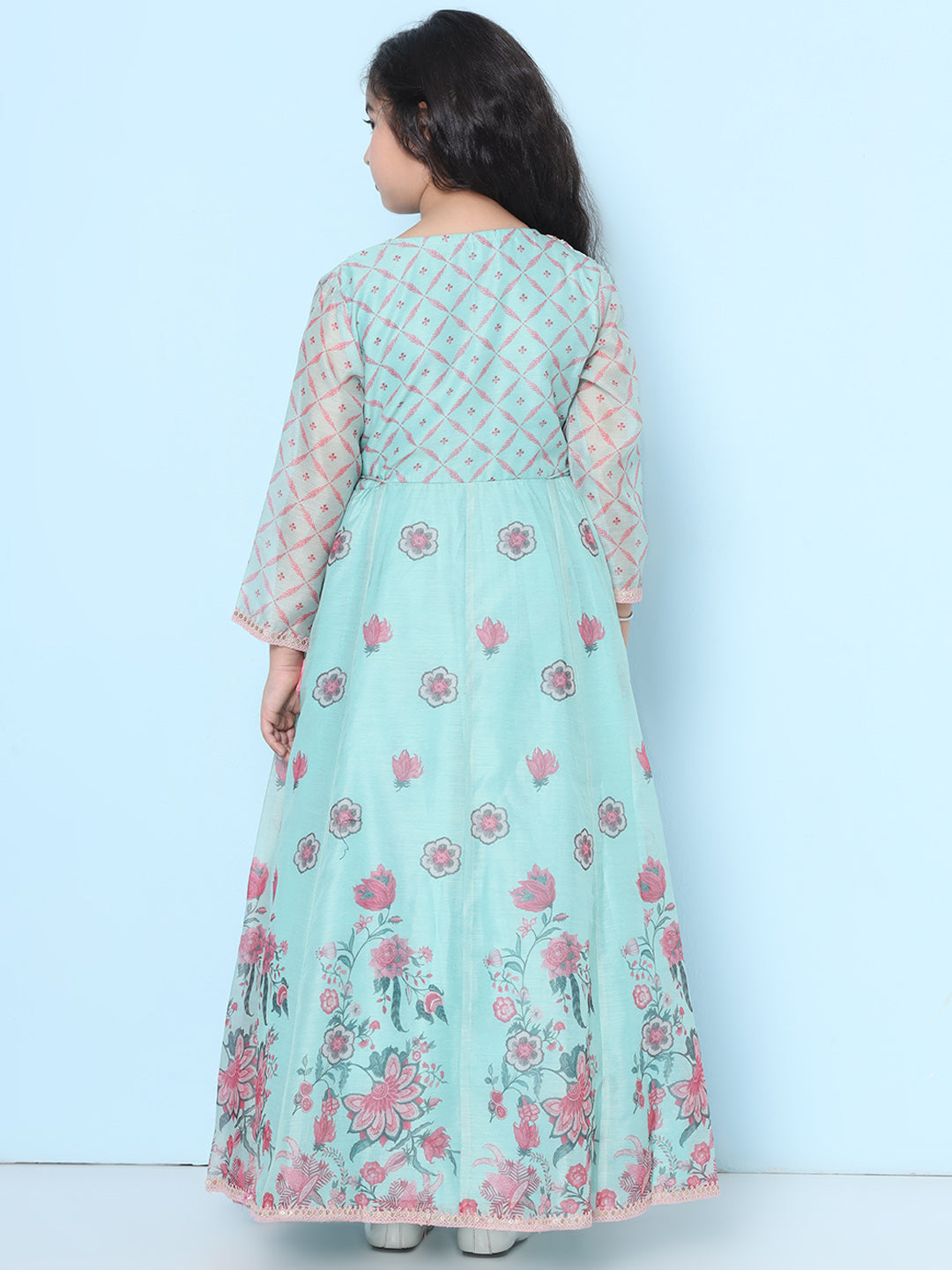 Bitiya by Bhama Girls Sea Green & Pink Floral Maxi Dress