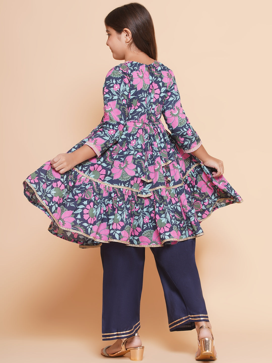 Bitiya by Bhama Girls Navy Blue Pink Floral Printed  Kurta With Palazzos.