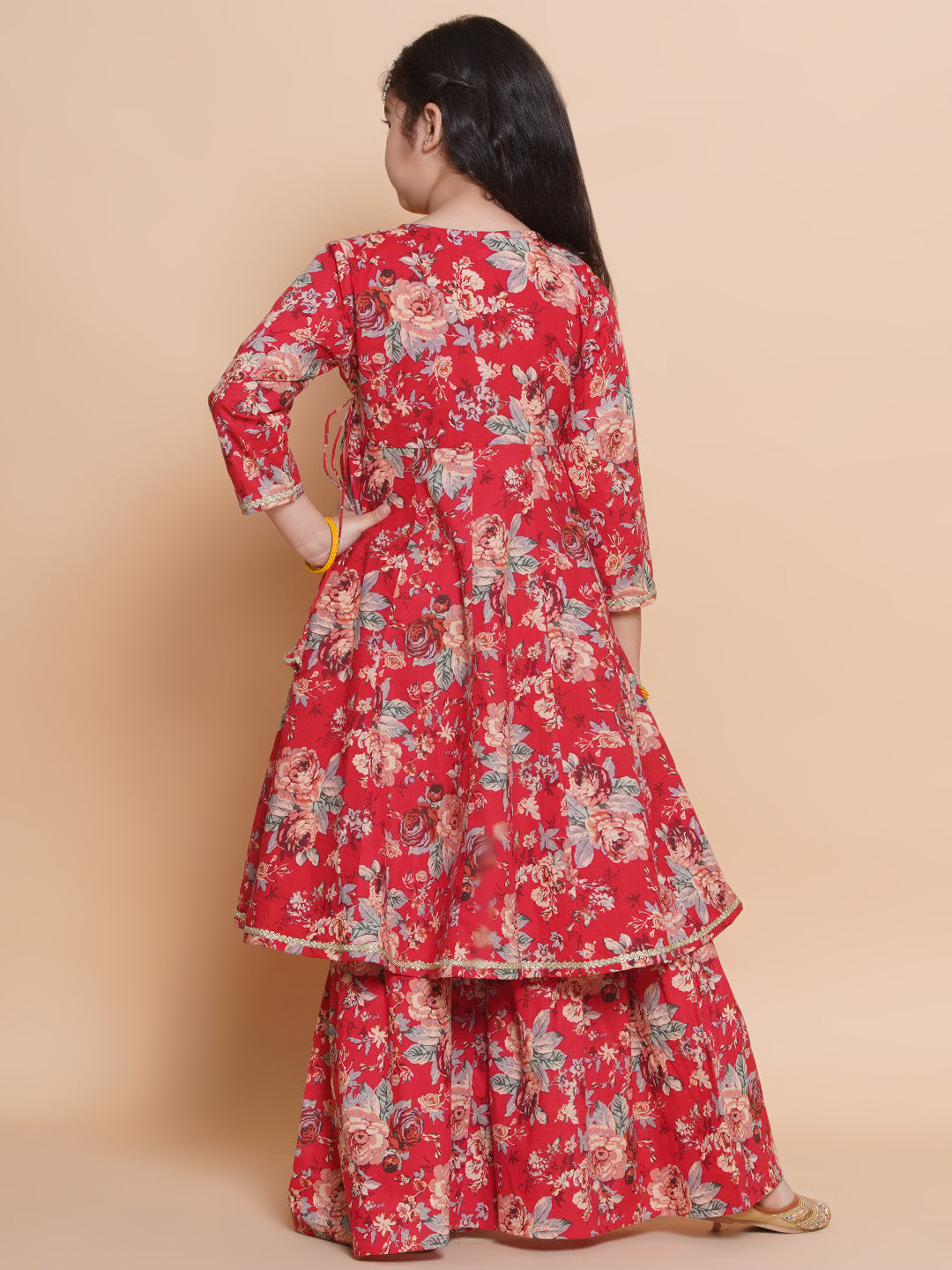 Bitiya by Bhama Girls Red Floral  Printed Angrakha Kurta with Sharara