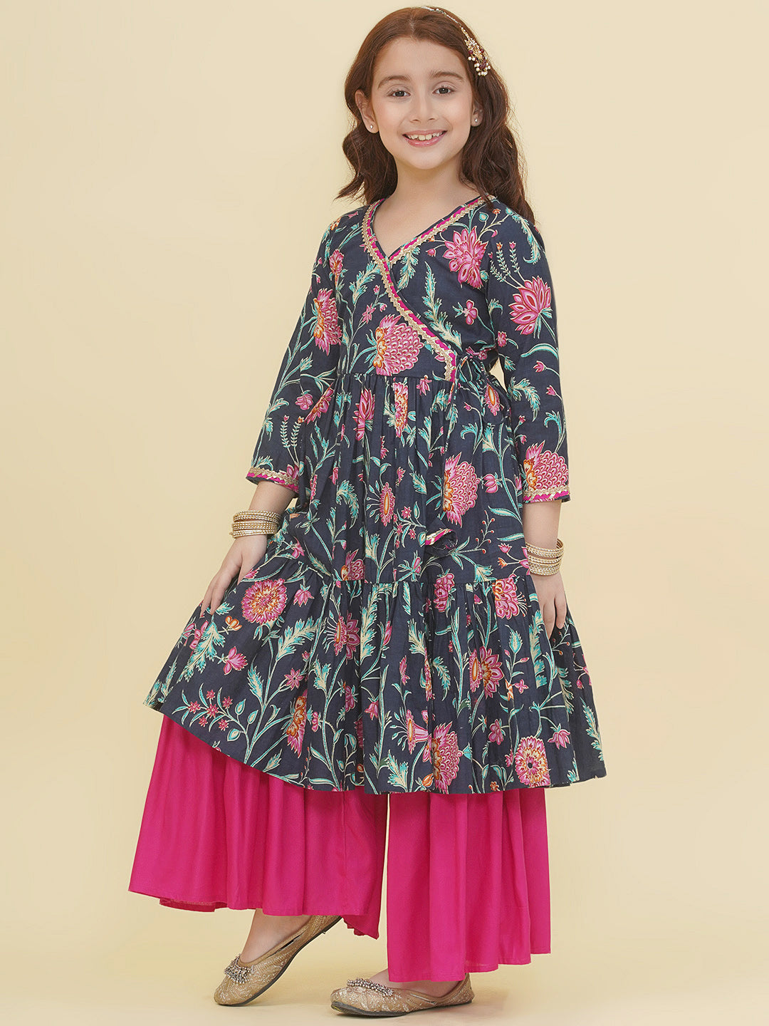 Bitiya by Bhama Girls Blue Pink Floral Printed Angrakha Kurta with Sharara