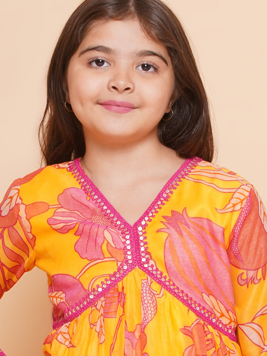 Bitiya by Bhama Girls Yellow Floral Printed Alia Design Kurta With Sharara