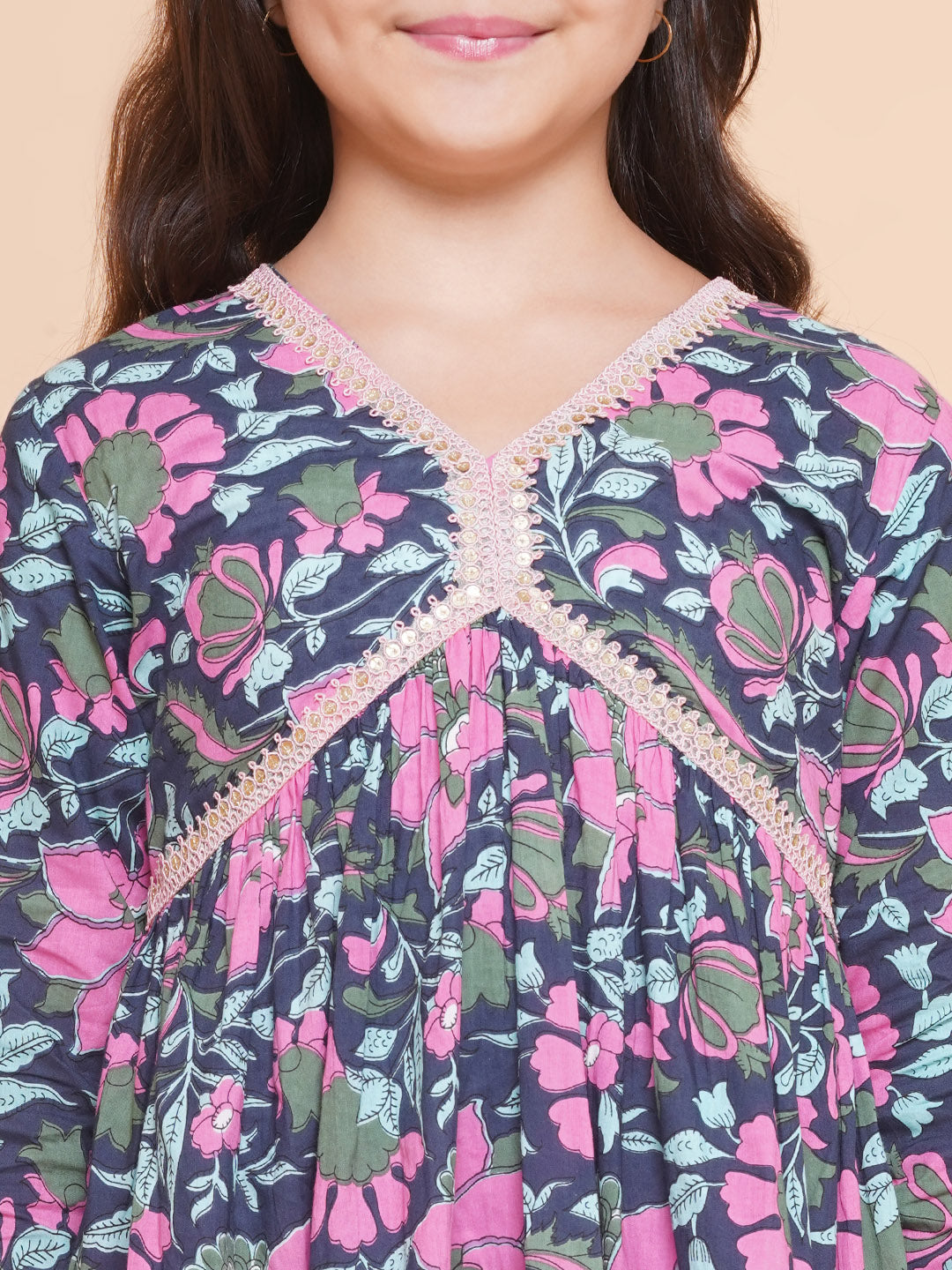 Bitiya by Bhama Girls Navy Blue Pink Floral Printed  Kurta With Palazzos.