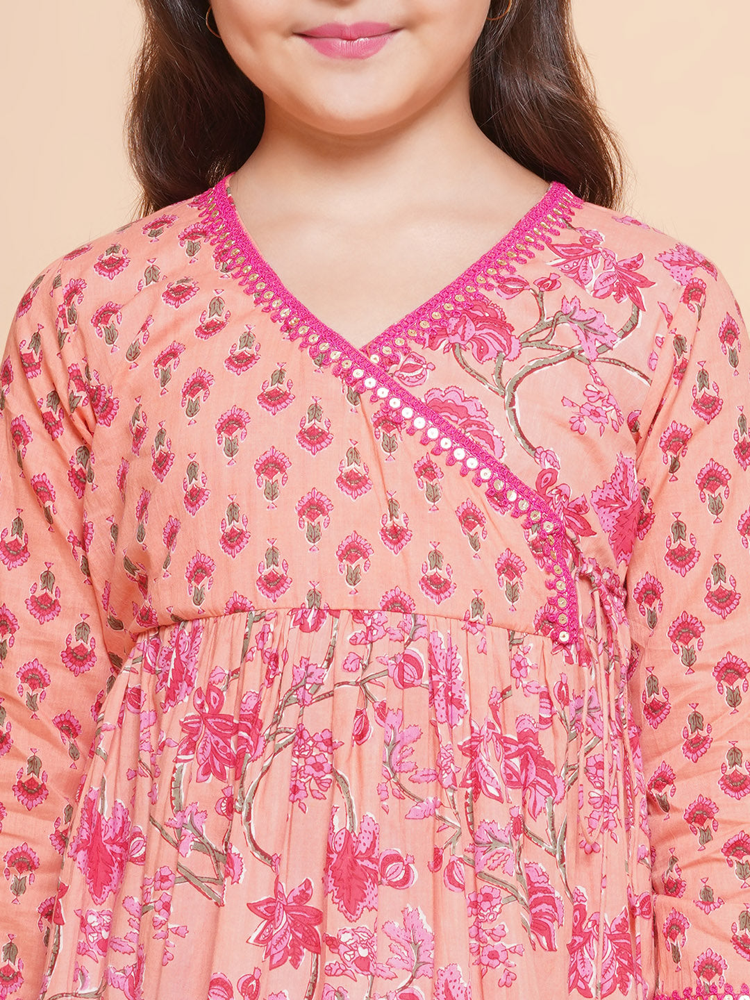 Bitiya by Bhama Girls Peach Floral Printed Shrug & Blouse With Ready to Wear Lehenga.