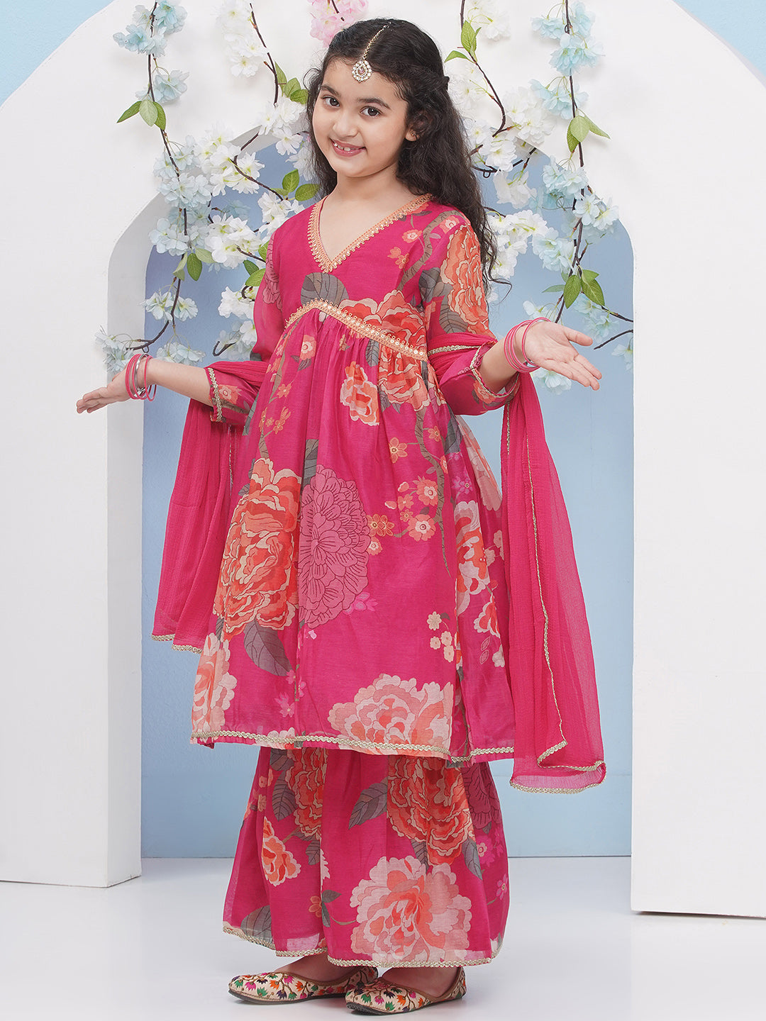 Bitiya by Bhama Girls Pink Floral Printed Alia Design Kurta With Sharara With dupatta