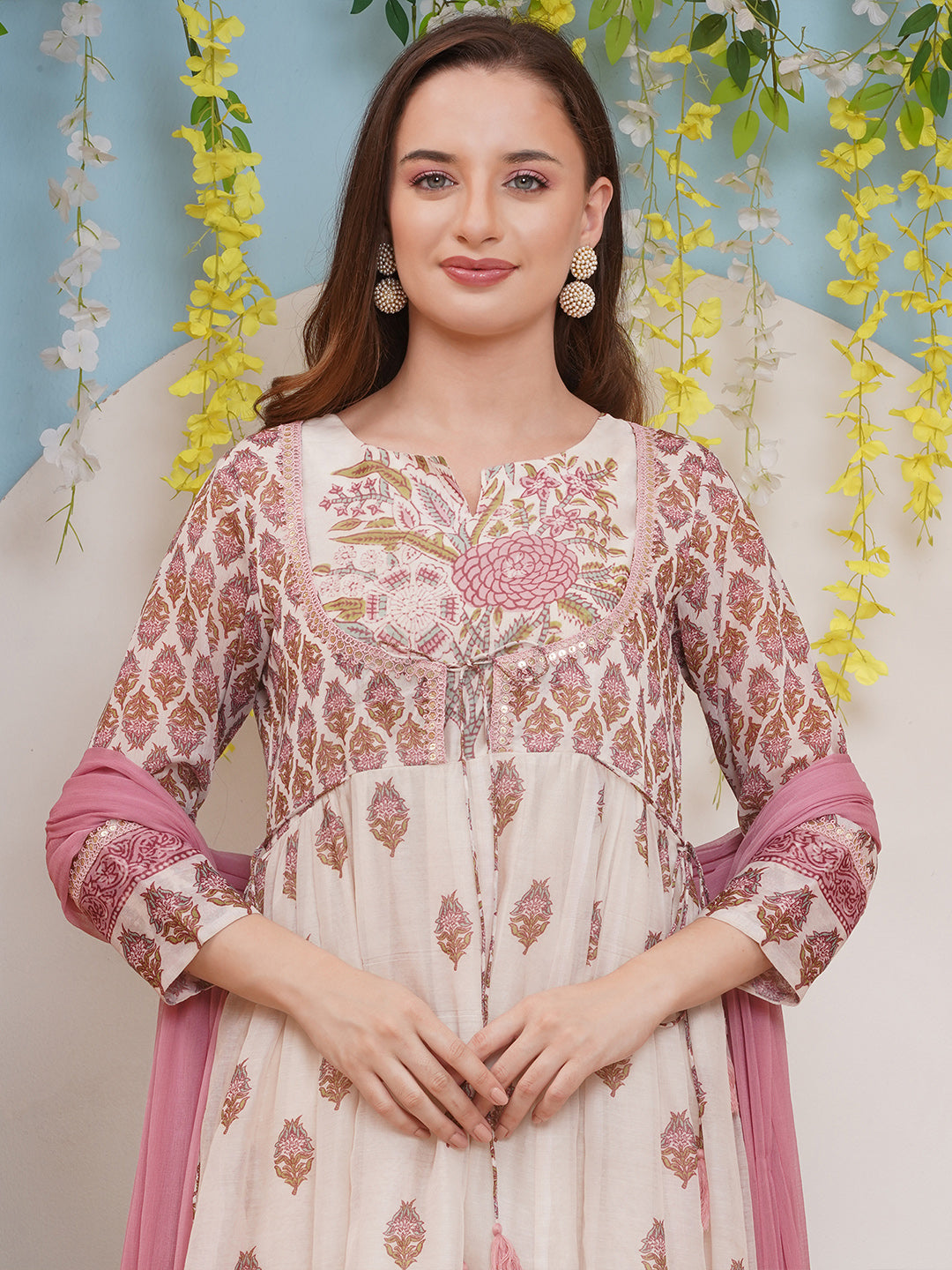 Bhama CoutureOff white  Pink Floral Digital Printed Anarkali Flared Kurta with Palazzos Dupatta.