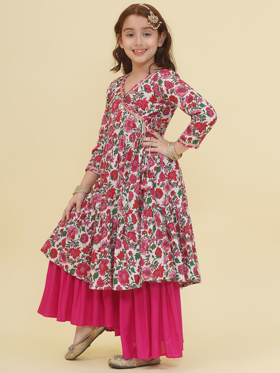 Bitiya by Bhama Girls Off-White Floral Printed Angrakha Kurta with Sharara