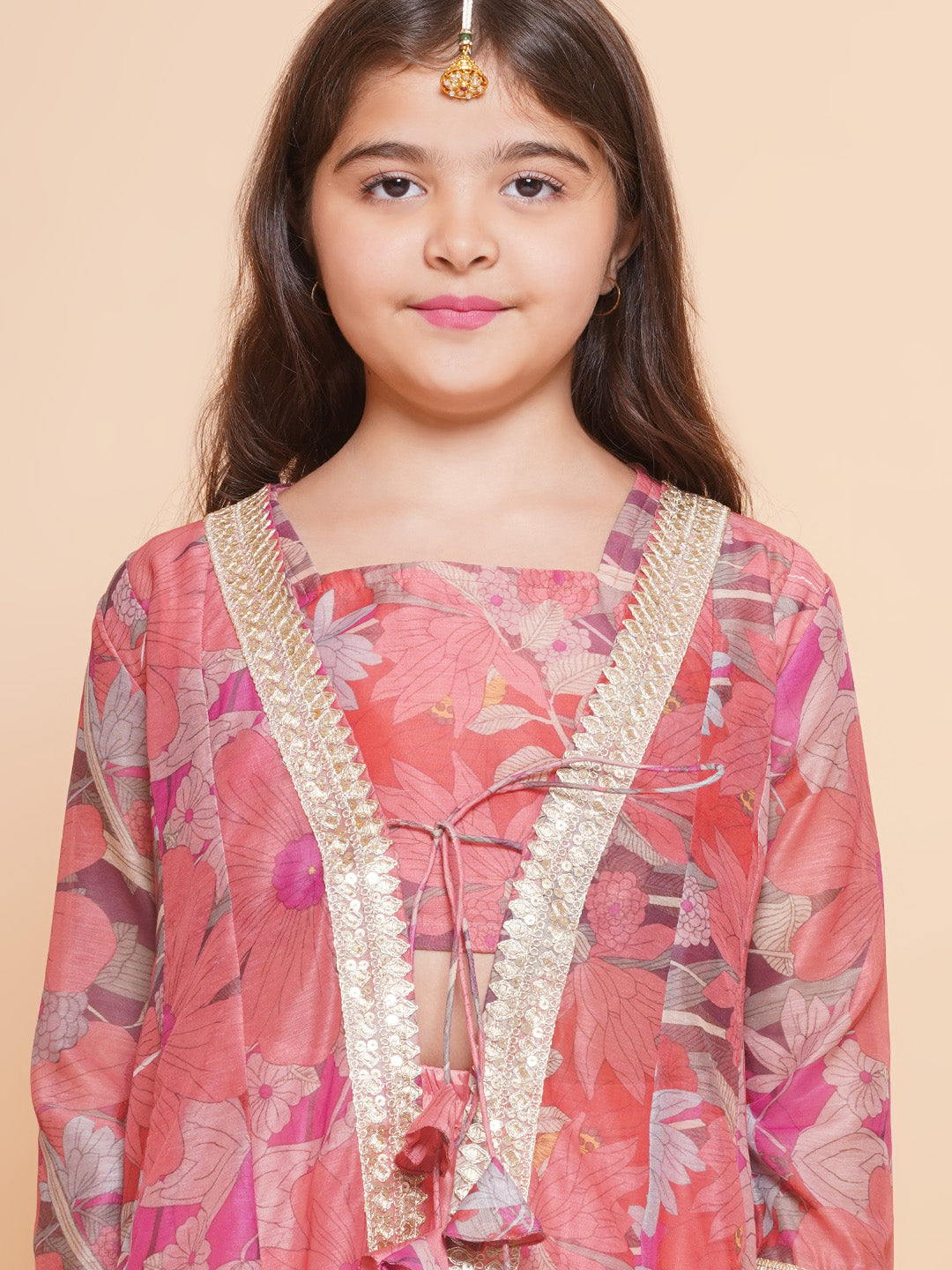 Bitiya by Bhama Girls Peach Floral Printed Shrug & Blouse With Ready to Wear Lehenga.