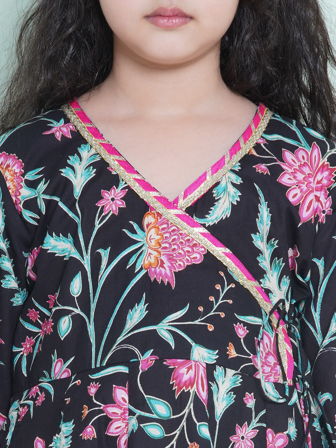 Bitiya by Bhama Girls Black Floral  Printed Angrakha Kurta with Sharara