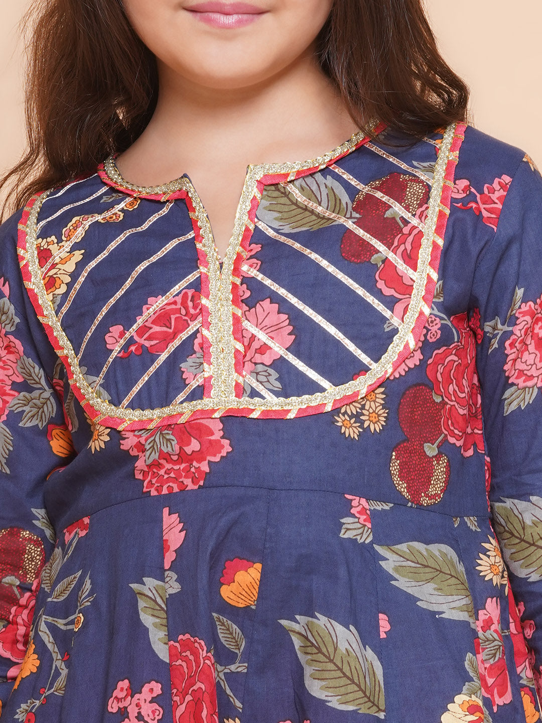 Bitiya by Bhama Girls Navy Blue Red Printed Anarkali Kurta &  Palazzos.