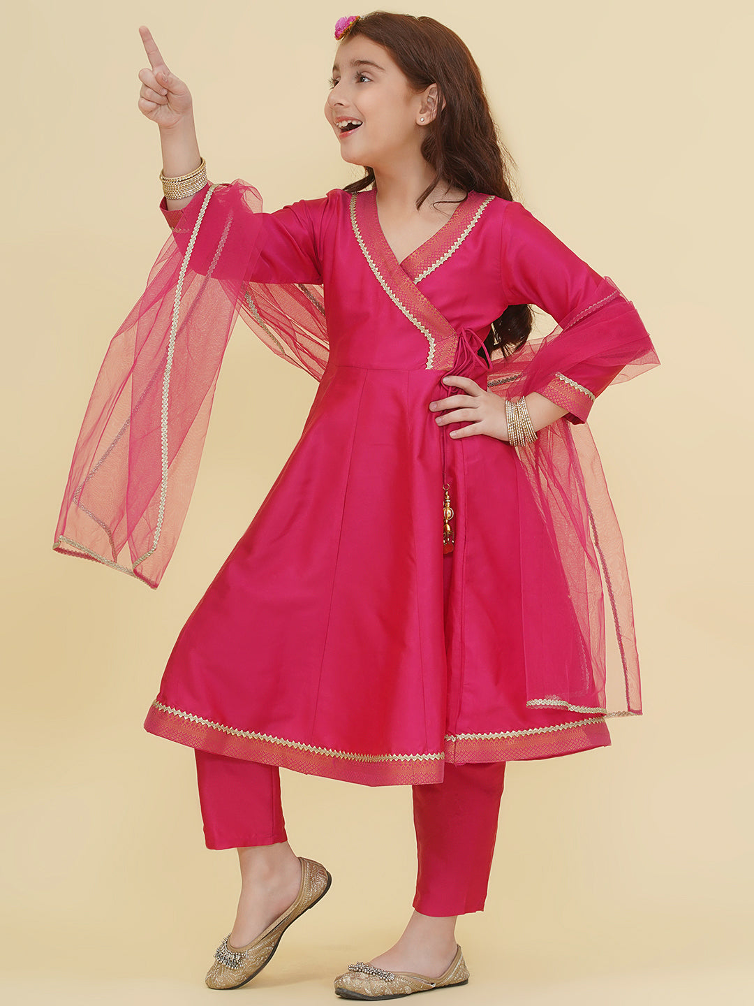 Bitiya by Bhama Girls Pink Angrakha Kurta with Trousers with Dupatta