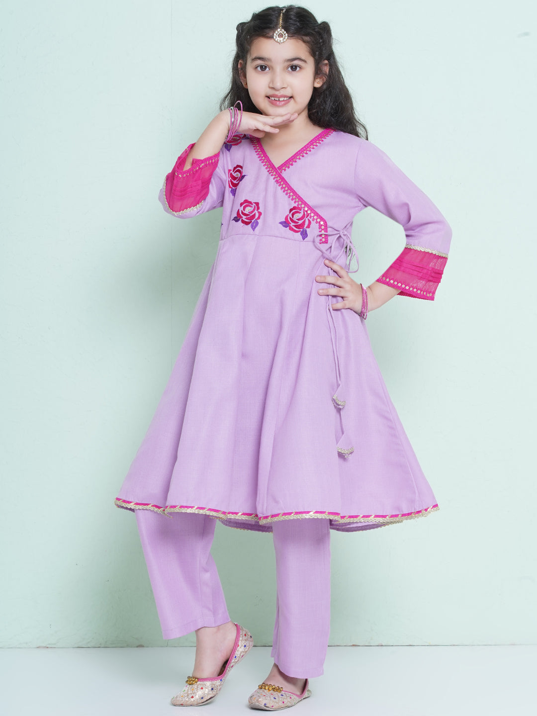 Bitiya by Bhama Girls Purple Embroidered Angrakha Kurta with Trousers