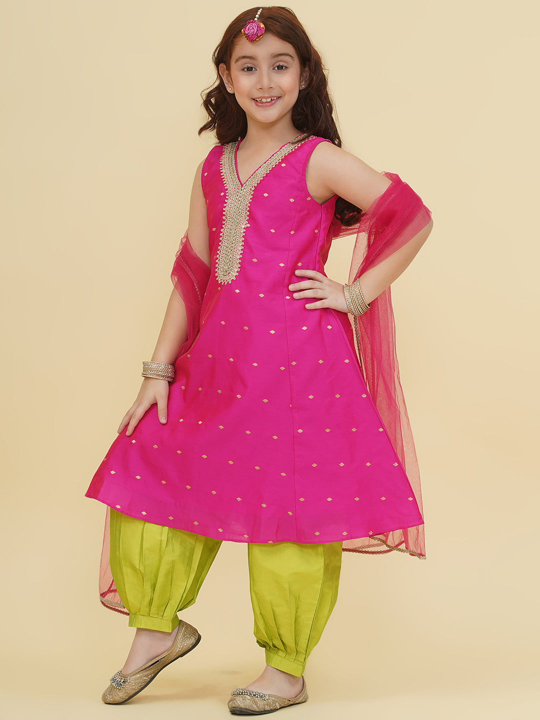 Bitiya by Bhama Girls Pink Self design Kurta with Afgani Salwar With Dupatta