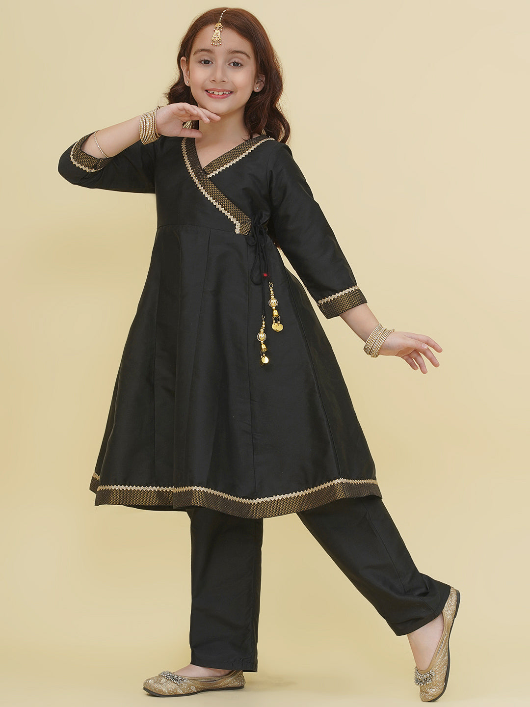 Bitiya by Bhama Girls Black Angrakha Kurta with Trousers