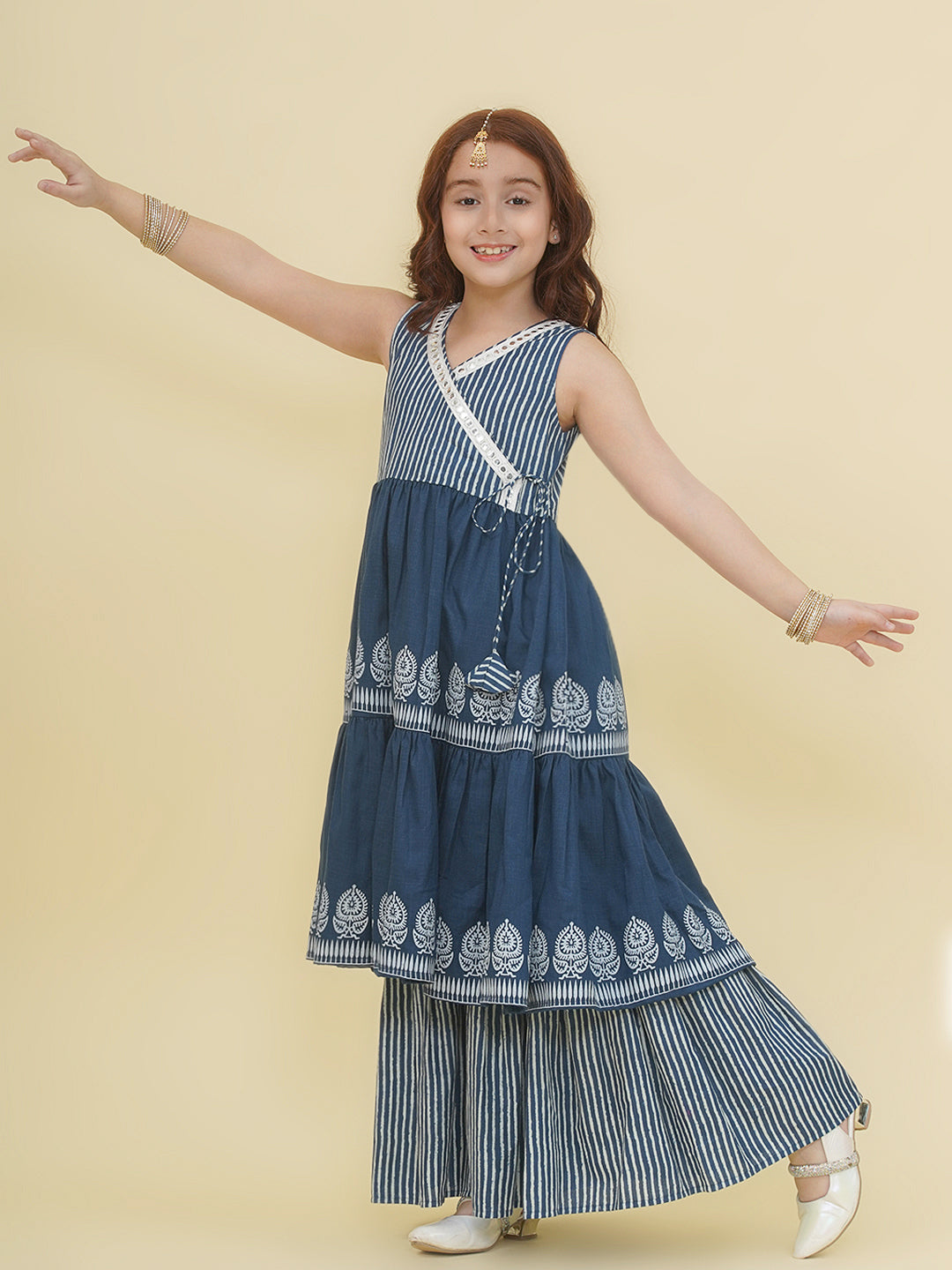 Bitiya by Bhama Girls Blue Geometrical  Printed Angrakha Kurta with Sharara