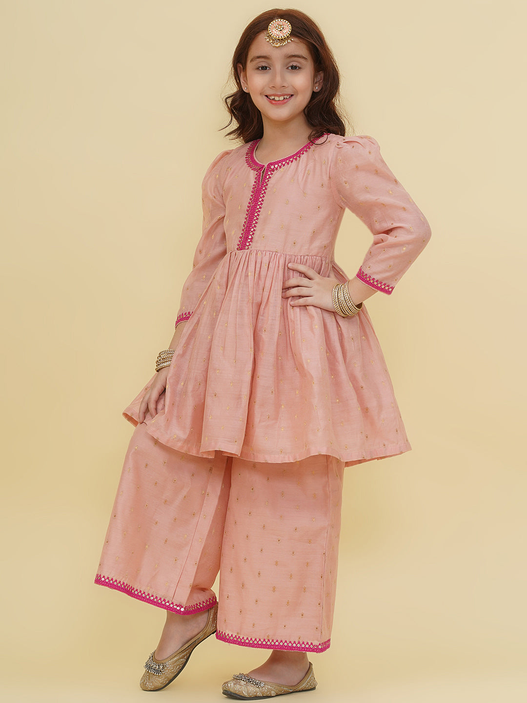 Bitiya by Bhama Girls Pink Self design  Kurta with palazzo