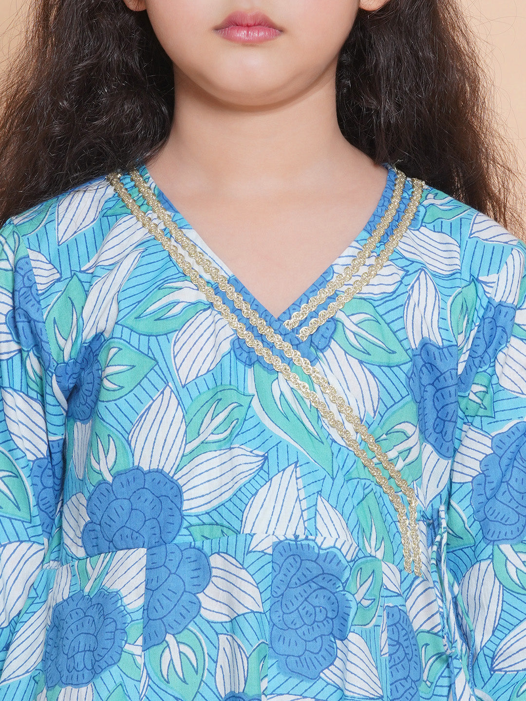 Bitiya by Bhama Girls Blue Floral  Printed Angrakha Kurta with Sharara