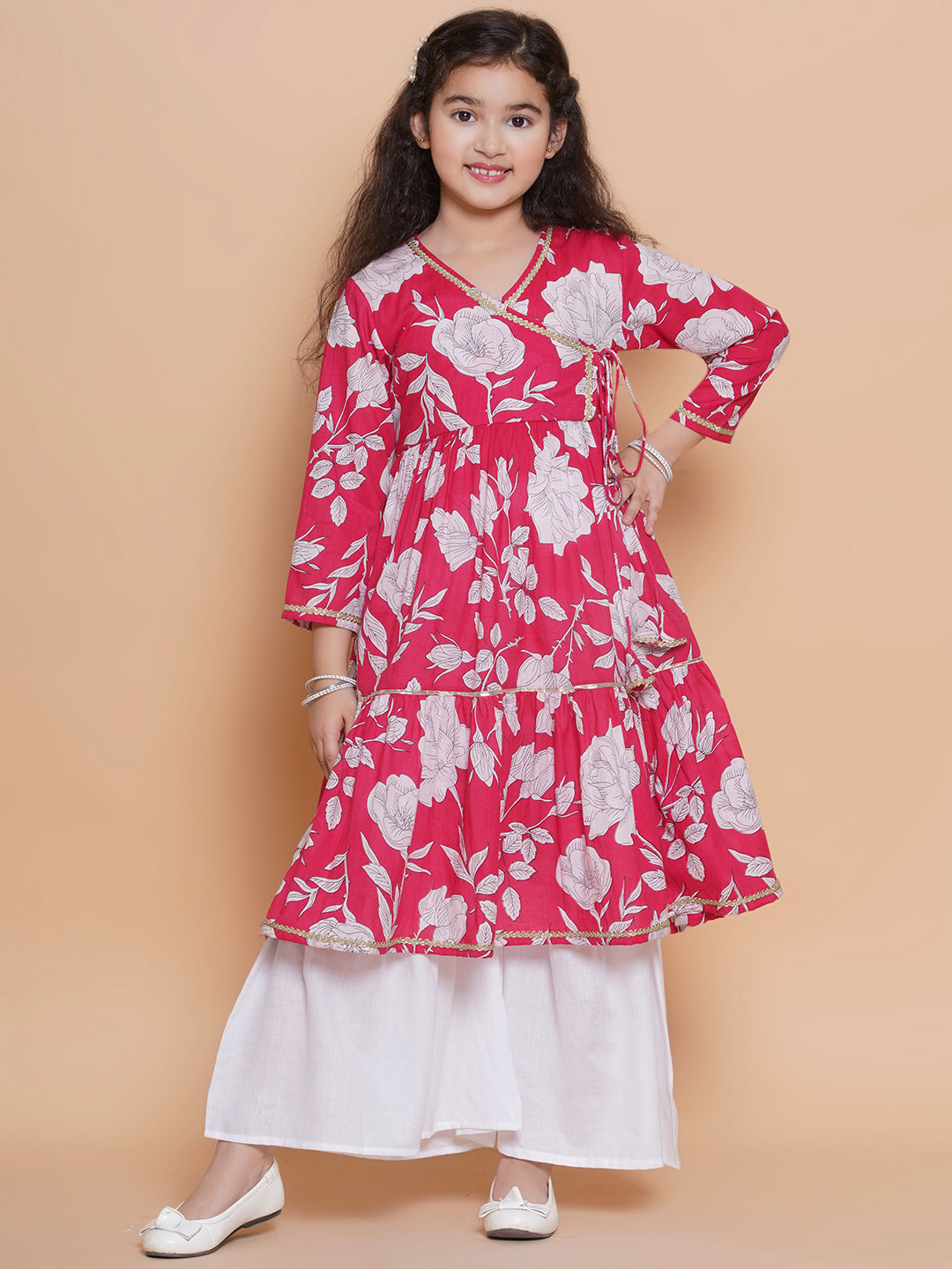 Bitiya by Bhama Girls Pink Floral  Printed Angrakha Kurta with Sharara