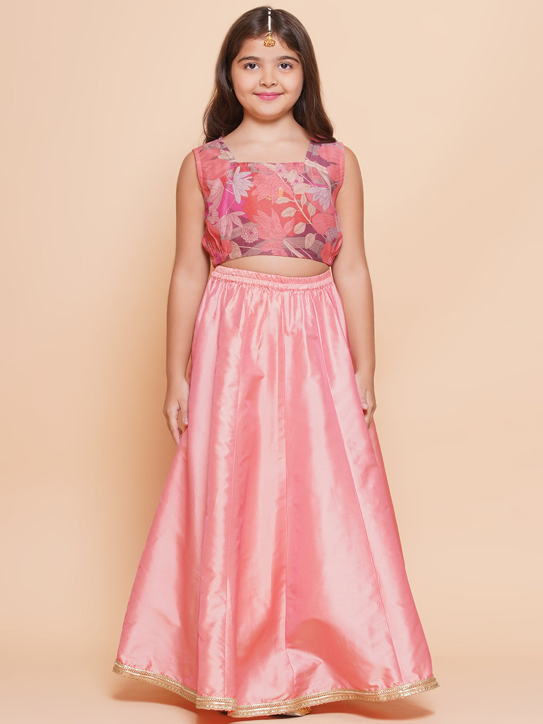 Bitiya by Bhama Girls Peach Floral Printed Shrug & Blouse With Ready to Wear Lehenga.