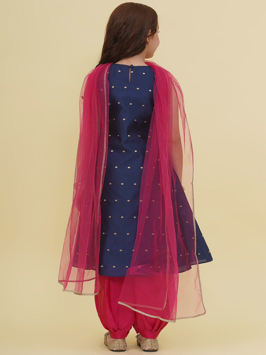 Bitiya by Bhama Girls Blue Self Design Kurta with Afgani Salwar with Dupatta.